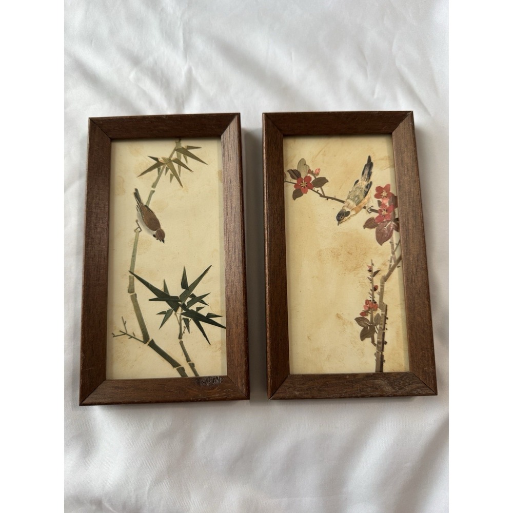 Vintage Asian Wall Art Birds Finch Cherry Blossom Bamboo Aplique Texture